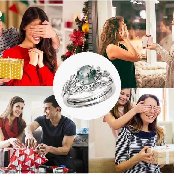 10K 14K 18K Solid Gold Natural Moss Agate Ring Set Inspired Leaf Moss Agate Enga - Picture 5 of 6